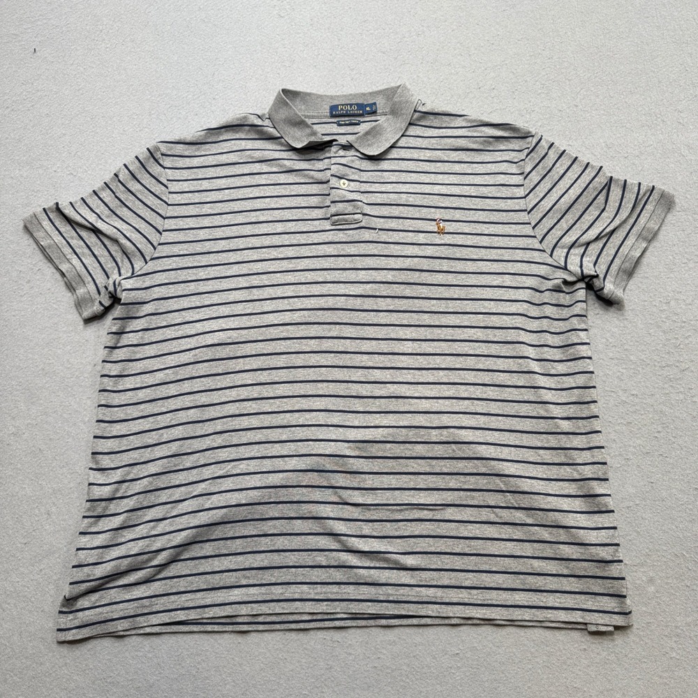 Vintage Polo Ralph Lauren Polo Shirt Mens XL Gray Blue Striped Pima Soft‎ Touch